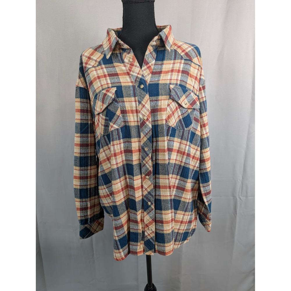 Sweet Lemon Plaid Flannel Western Shirt Womens Size M Blue Tan Excellent
